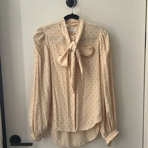 Like new  billowy pssy bow blouse beige polka dots “quiet luxury” medium fabric